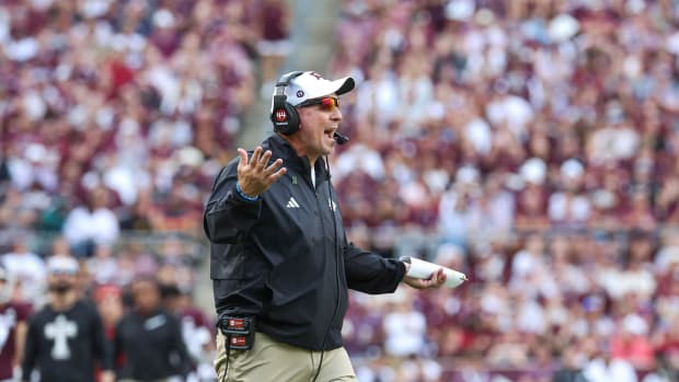Texas A&M Aggies head coach Jimbo Fisher reacts after a play during the fourth quarter against the Alabama Crimson Tide at Kyle Field.